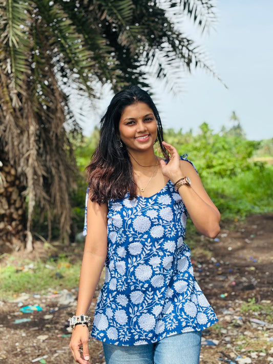 Masakali Indigo Strappy Jaipuri Cotton Kurti (Hand Block Print)