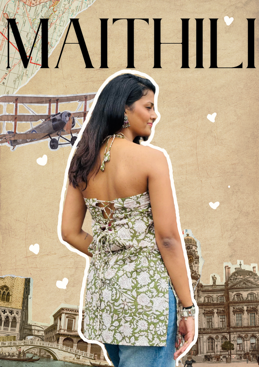 Maithili Back-Tie Halter Jaipur Kurti (Hand Block Print)