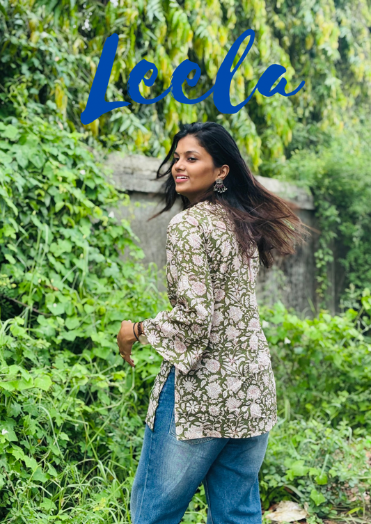 Leela Olive Green Hand-Block Jaipur Kurti – Elegant Everyday Charm