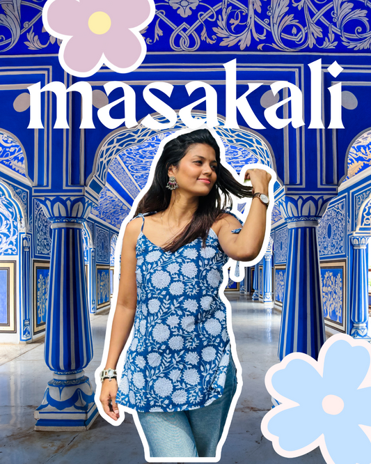 Masakali Indigo Strappy Jaipuri Cotton Kurti (Hand Block Print)