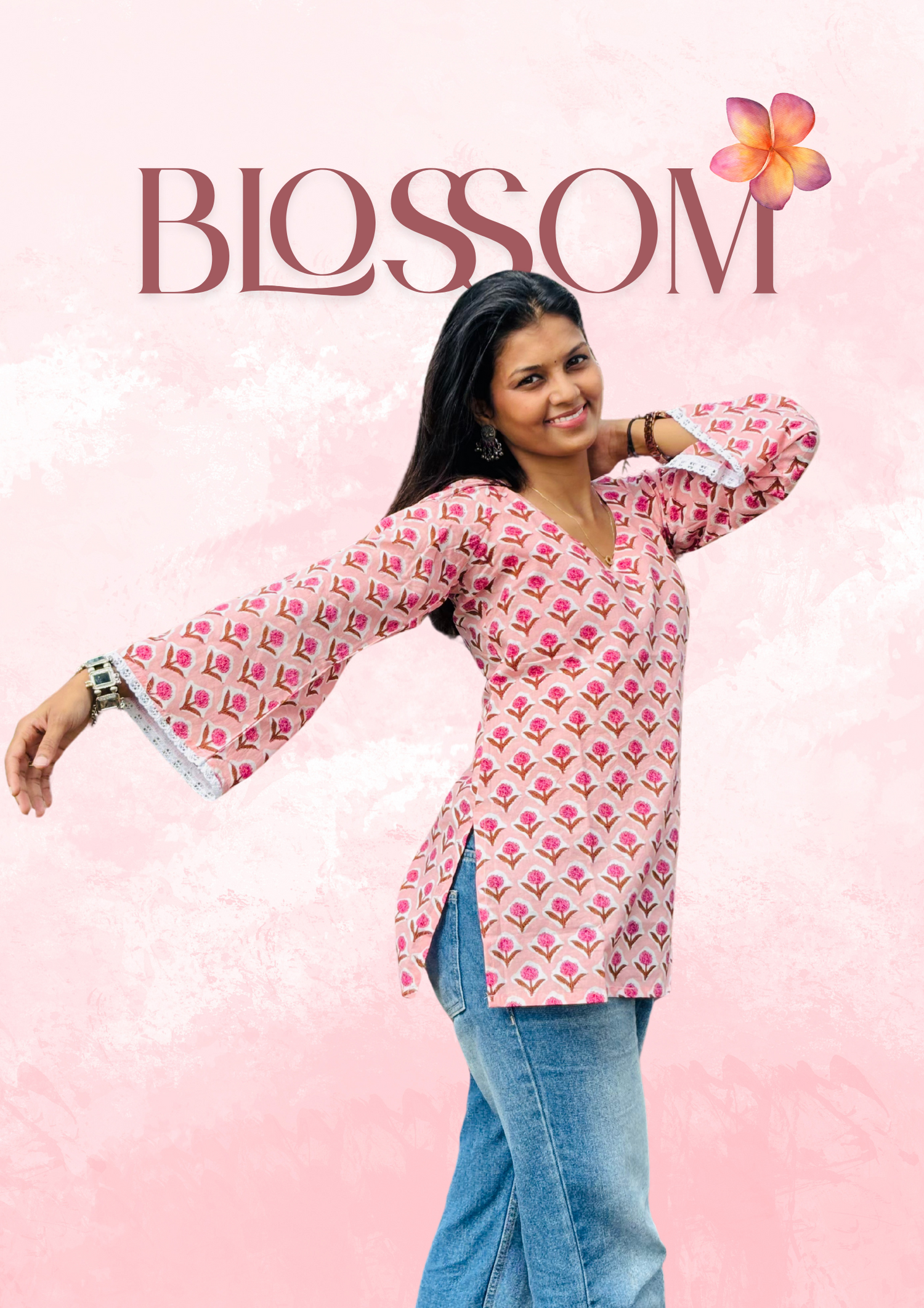 Blossom Kurti with subtle floral pattern, lightweight and comfortable, ideal for office and college-going women seeking an elegant everyday look